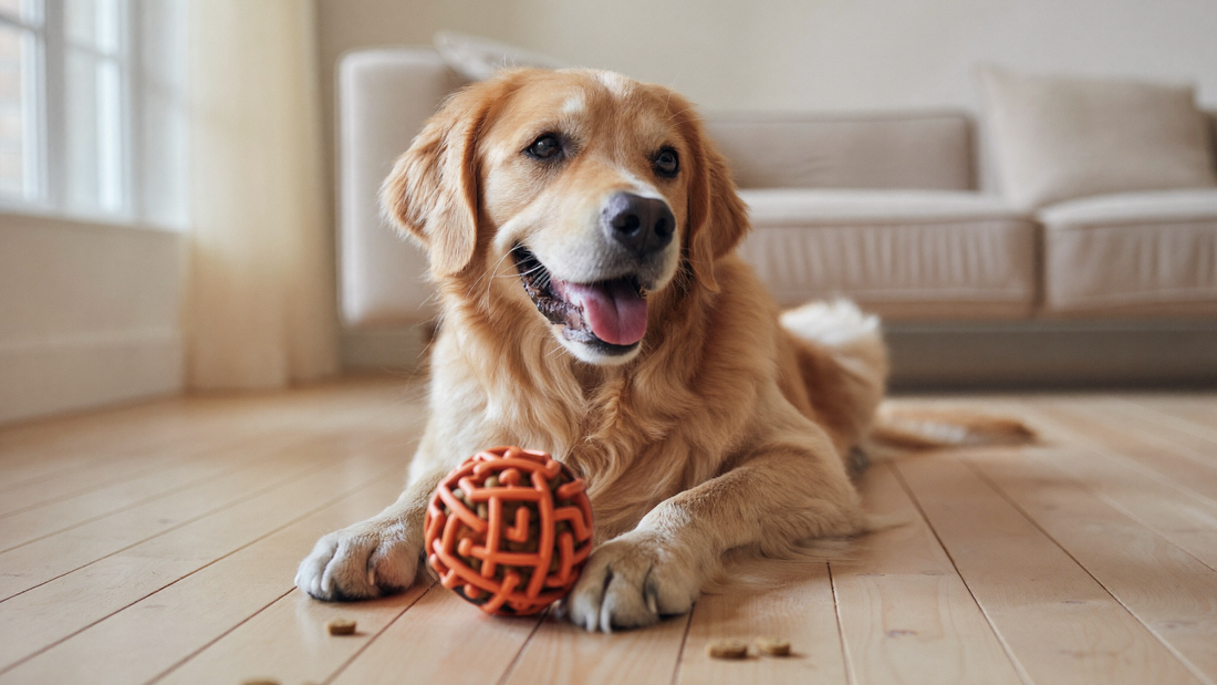 Golden retriever leker med aktiveringsboll på vardagsrumsgolv